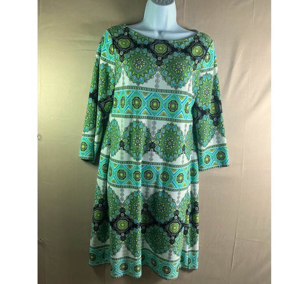London Times Womens Geometric Floral MedallionPrint Shift Dress Green Teal Sz 10 - Picture 2 of 9